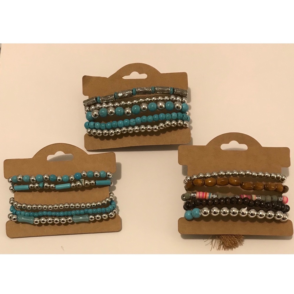 Bohemian Beaded Bracelet Sets Turquoise Silver Wood Tassel Butterfly Charms 3pk